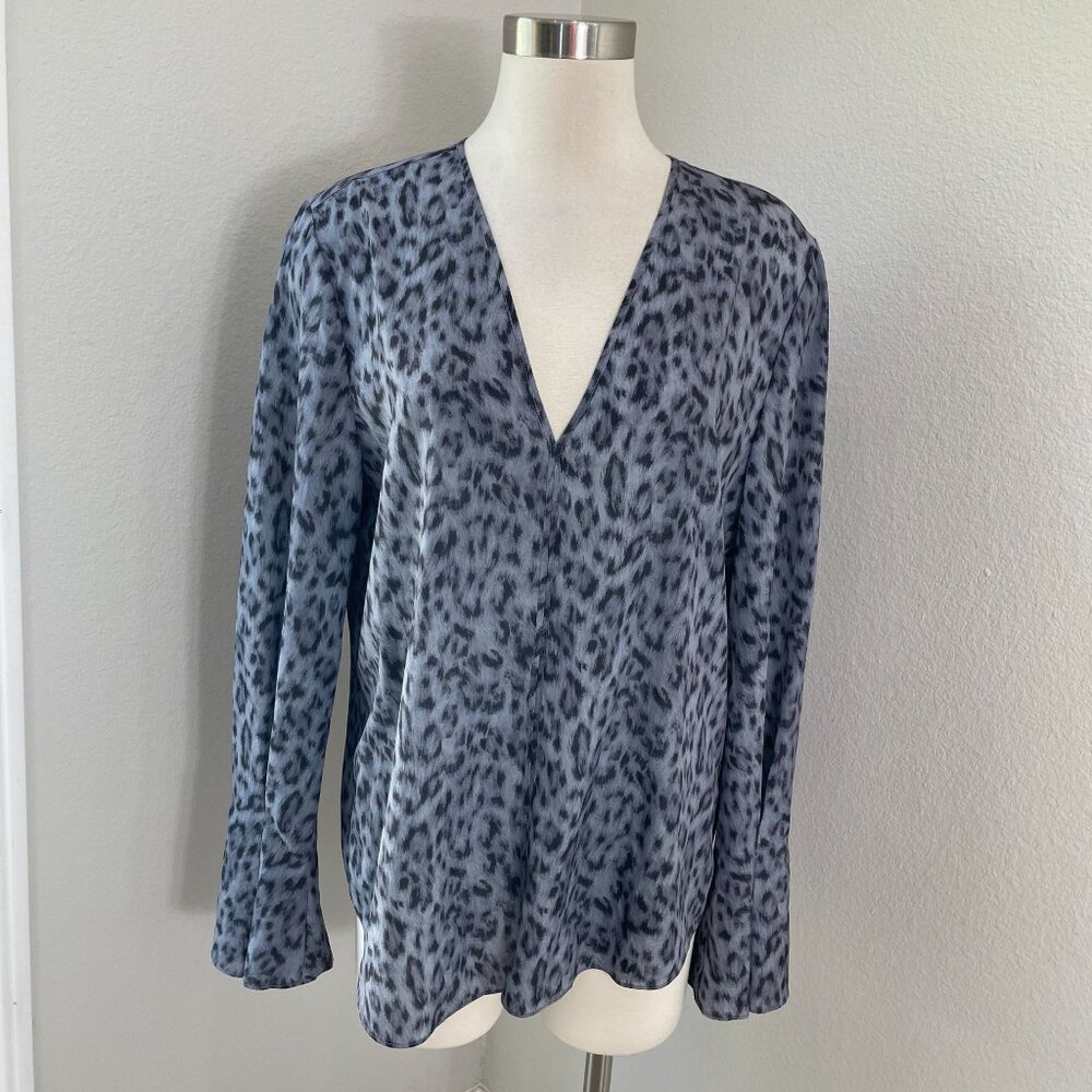 NEW Joie Womens XL Blue Leopard Animal Print V Neck Long Sleeve Blouse Shirt Top